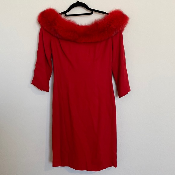 Vintage Sandra Pabst Red Dress with Real Fur - Picture 1 of 8